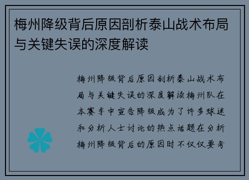 梅州降级背后原因剖析泰山战术布局与关键失误的深度解读 梅州降级背后原因剖析泰山战术布局与关键失误的深度解读