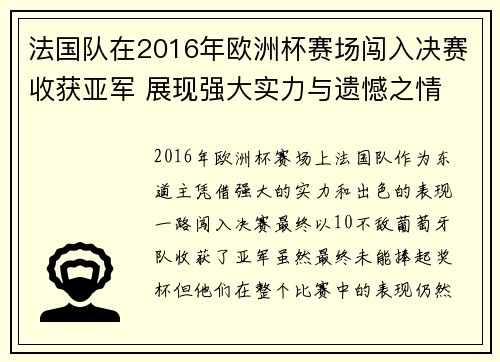 法国队在2016年欧洲杯赛场闯入决赛收获亚军 展现强大实力与遗憾之情
